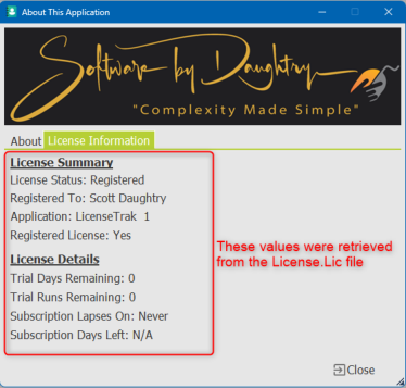 About Window Showing Stored License.Lic Data